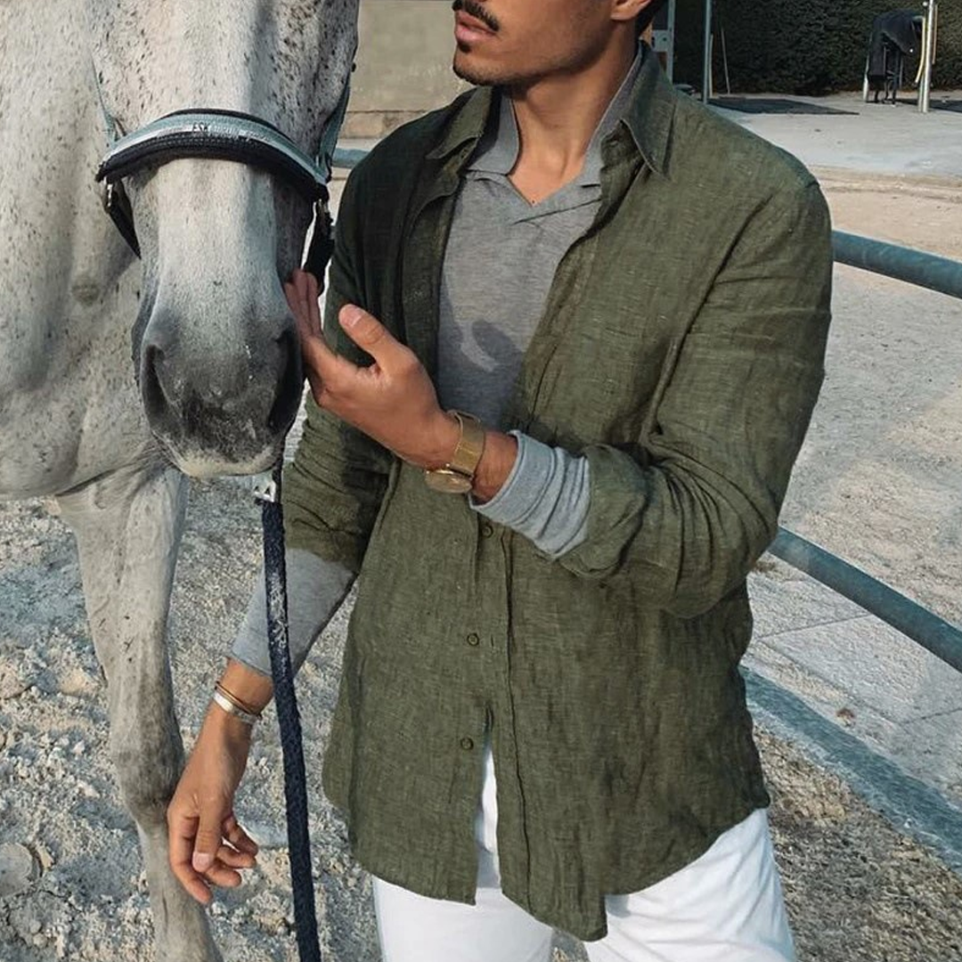 Men's New Long-Sleeved Button-Down Cotton And Linen Shirt With Lapel C