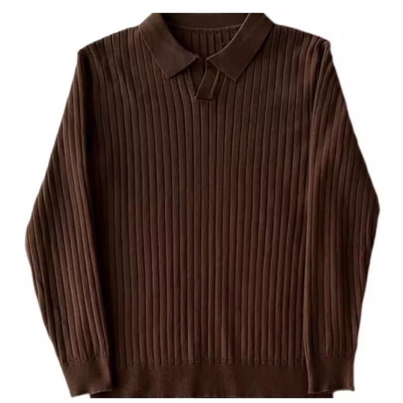 Men's Solid Color Thread Elastic Lapel Pullover Slim Knit T-Shirt