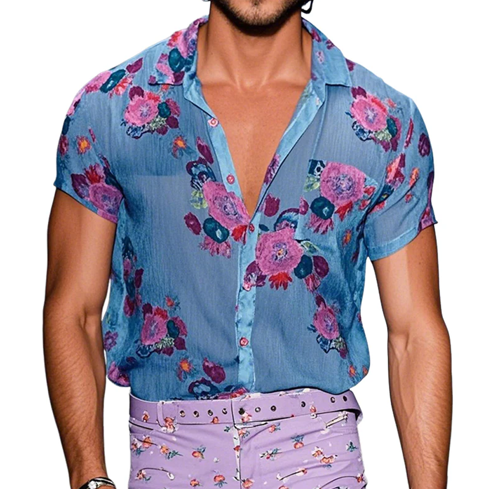Men's Vintage Casual Linen Print Floral Lapel Short Sleeve Shirt