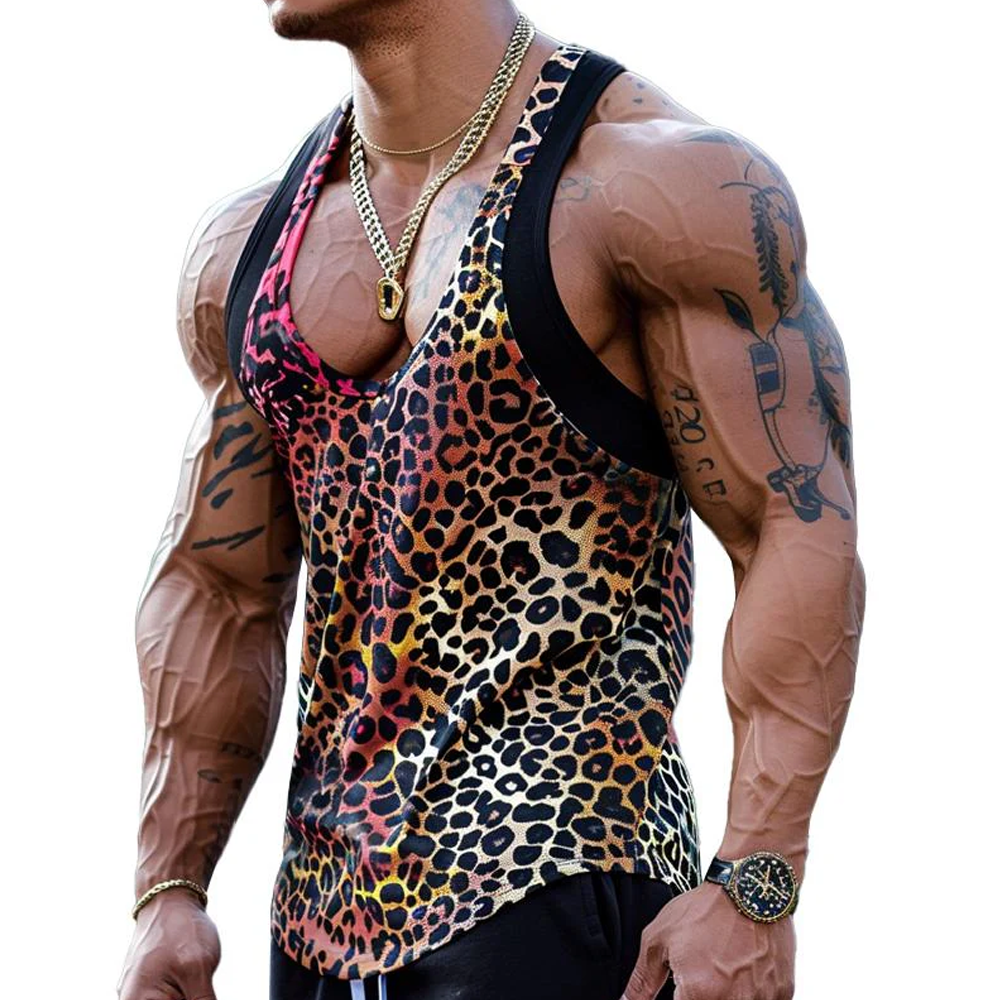 Men's Sexy U-Neck Leopard Print Cotton Blend Patchwork Tank Top