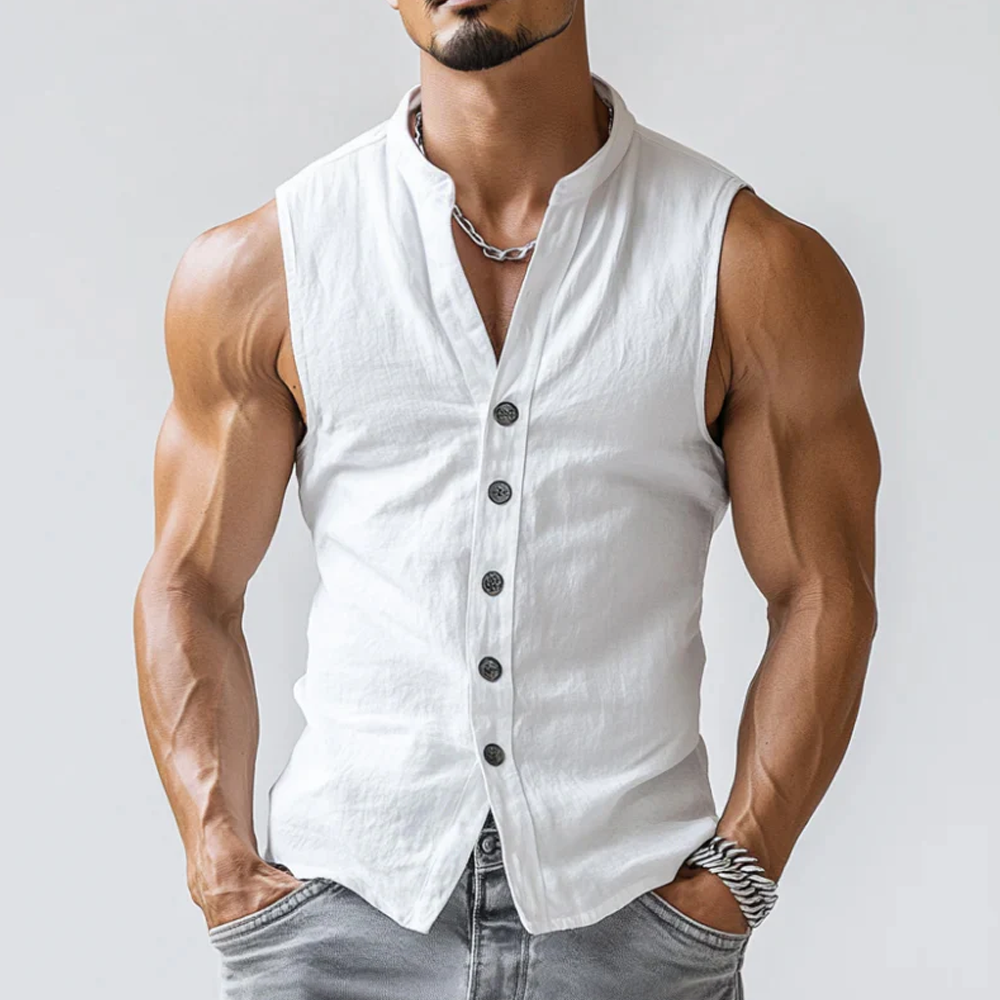Men's Casual Comfort Cotton Stand Collar Single Breasted Sleeveless Sh
