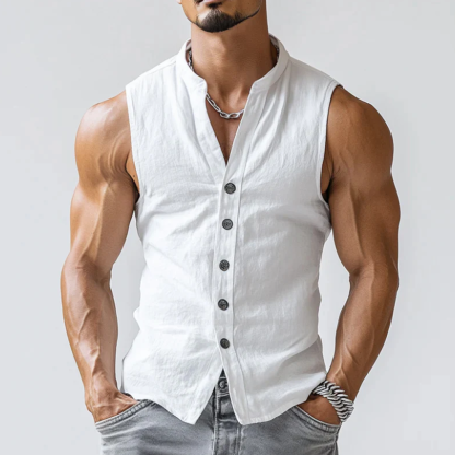 Men's Casual Comfort Cotton Stand Collar Single Breasted Sleeveless Shirt