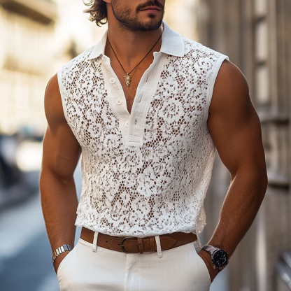Men's Fashion Lace Lapel Sleeveless Casual Tank Top