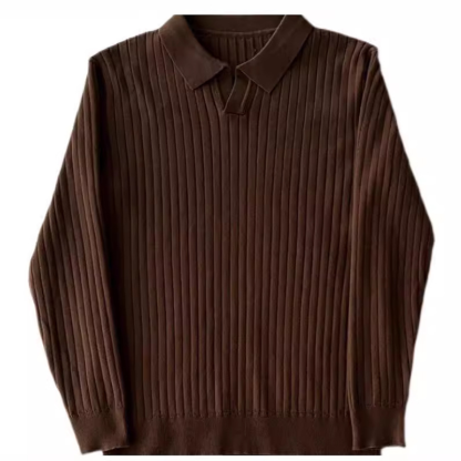 Men's Solid Color Thread Elastic Lapel Pullover Slim Knit T-Shirt