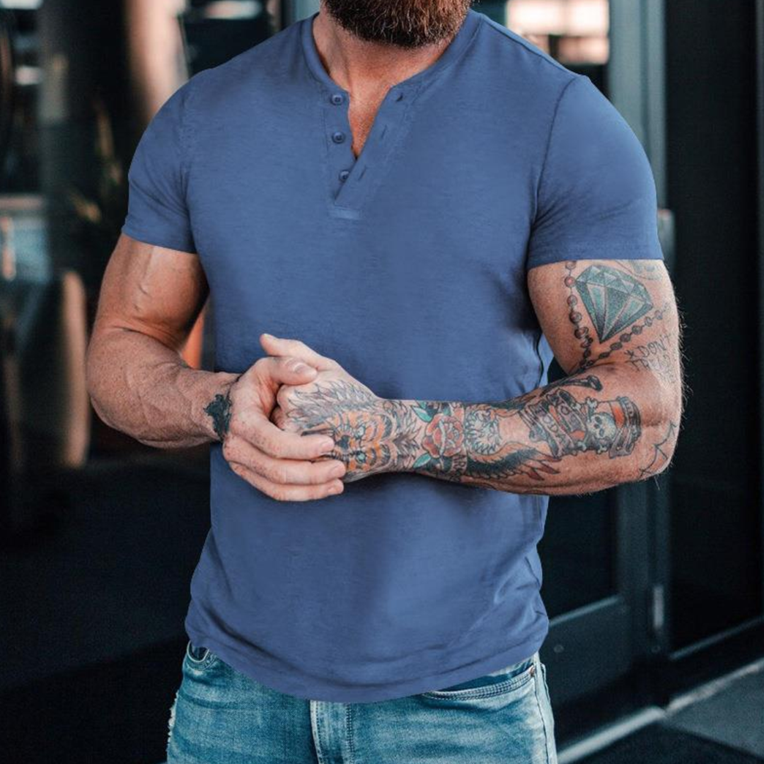 Summer Casual Solid Color Short Sleeve Round Neck Pullover Button Henl