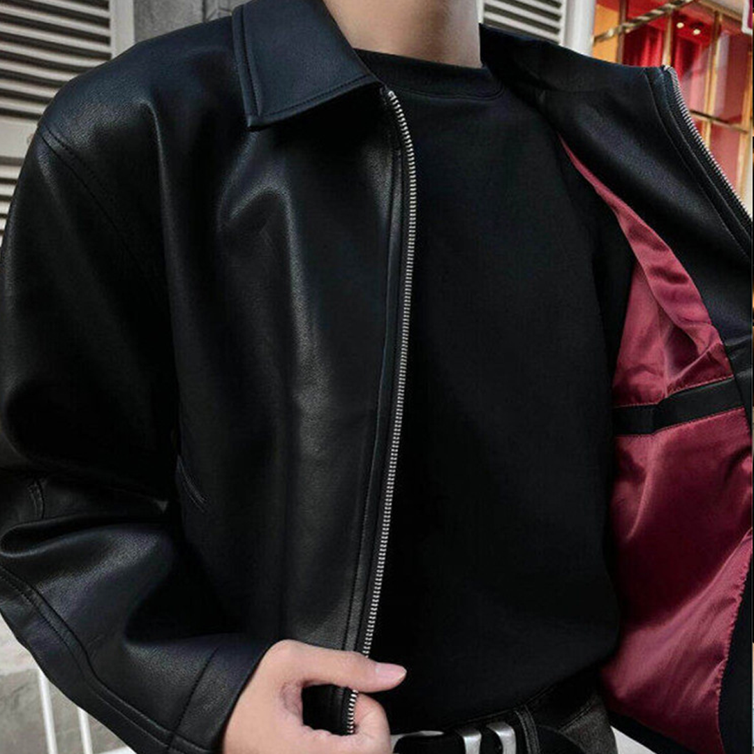 Men's Black Short PU Lapel Leather Jacket With Red Inner Texture