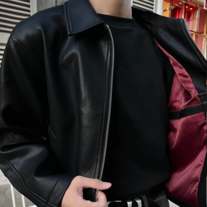 Men's Black Short PU Lapel Leather Jacket With Red Inner Texture