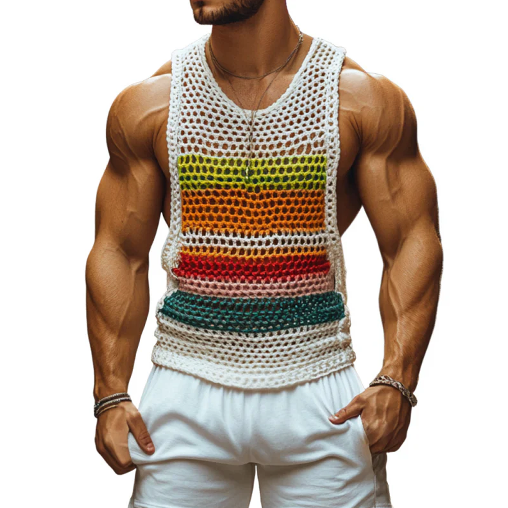 Men's Casual Round Neck Color Striped Crochet Tank Top