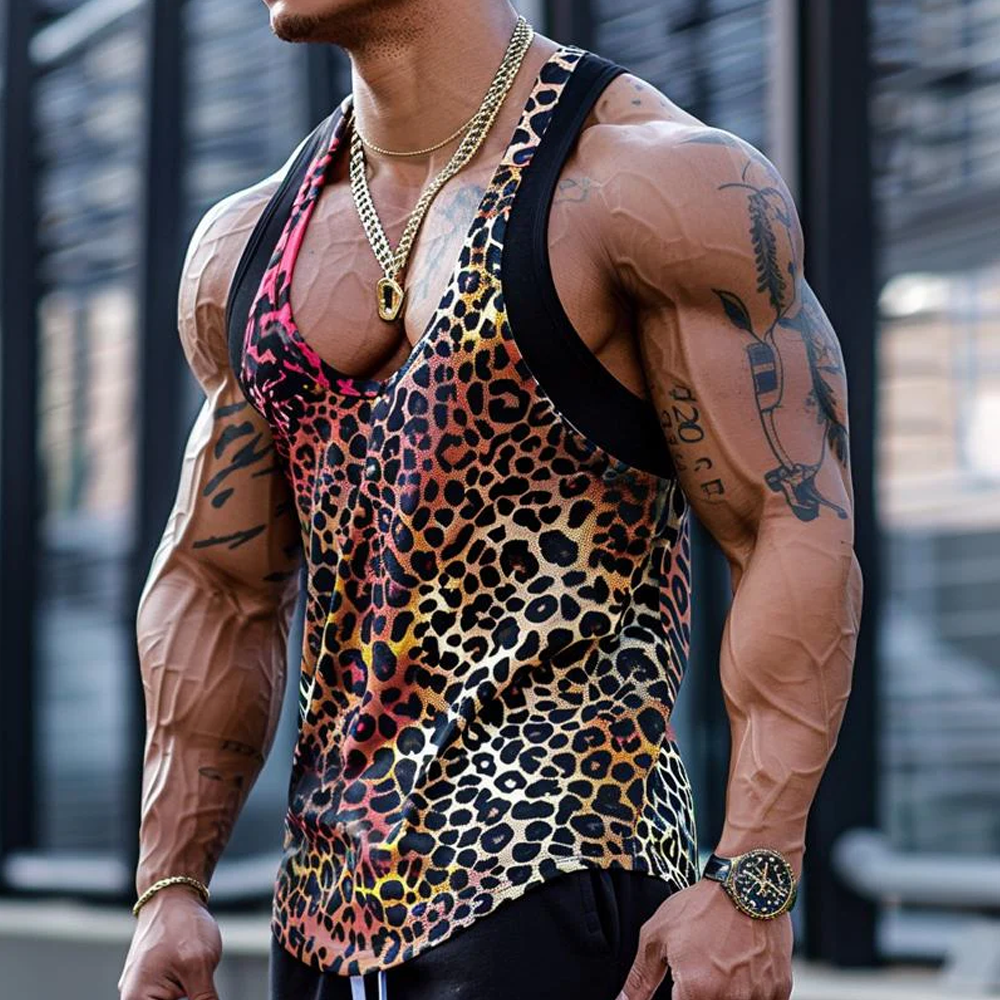 Men's Sexy U-Neck Leopard Print Cotton Blend Patchwork Tank Top
