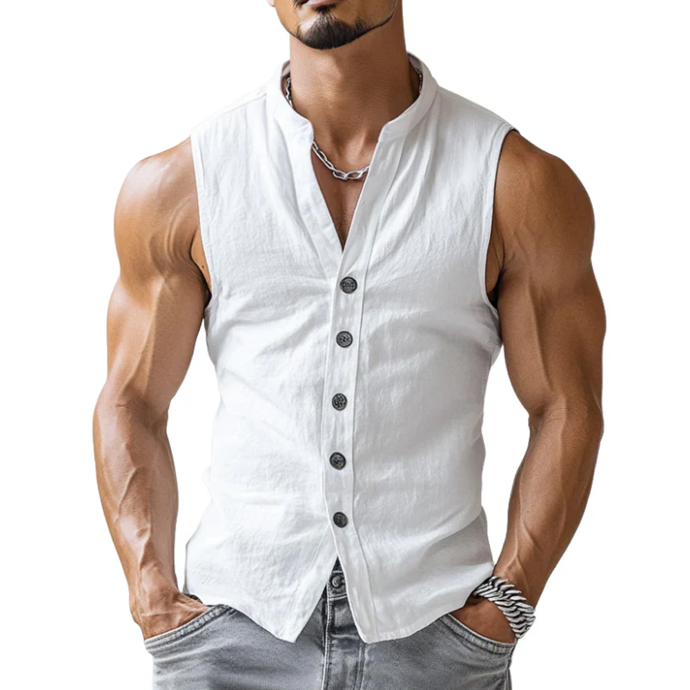 Men's Casual Comfort Cotton Stand Collar Single Breasted Sleeveless Shirt