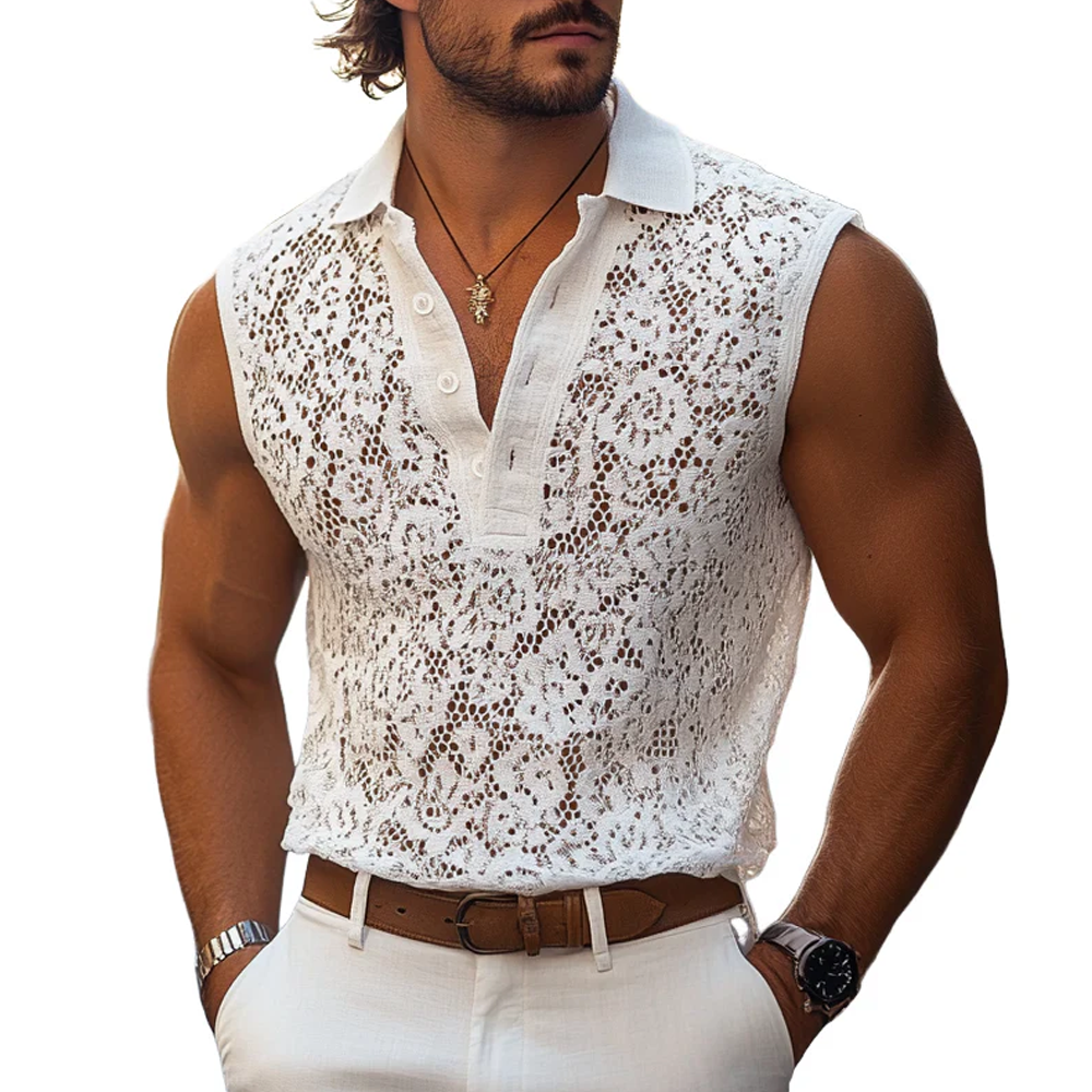 Men's Fashion Lace Lapel Sleeveless Casual Tank Top