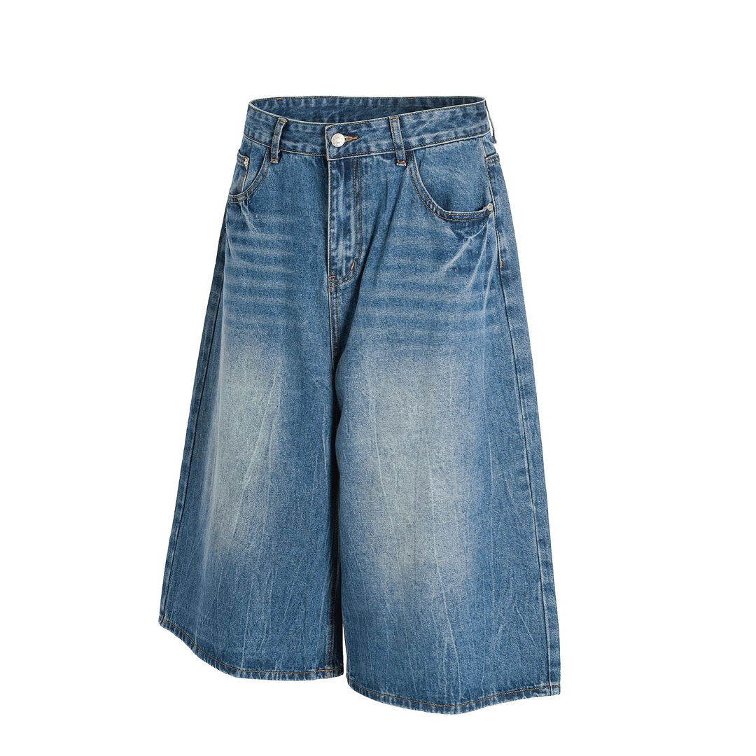 American Retro Neutral Washed Retro Blue High-End Men's Loose Seven-Point Denim Shorts