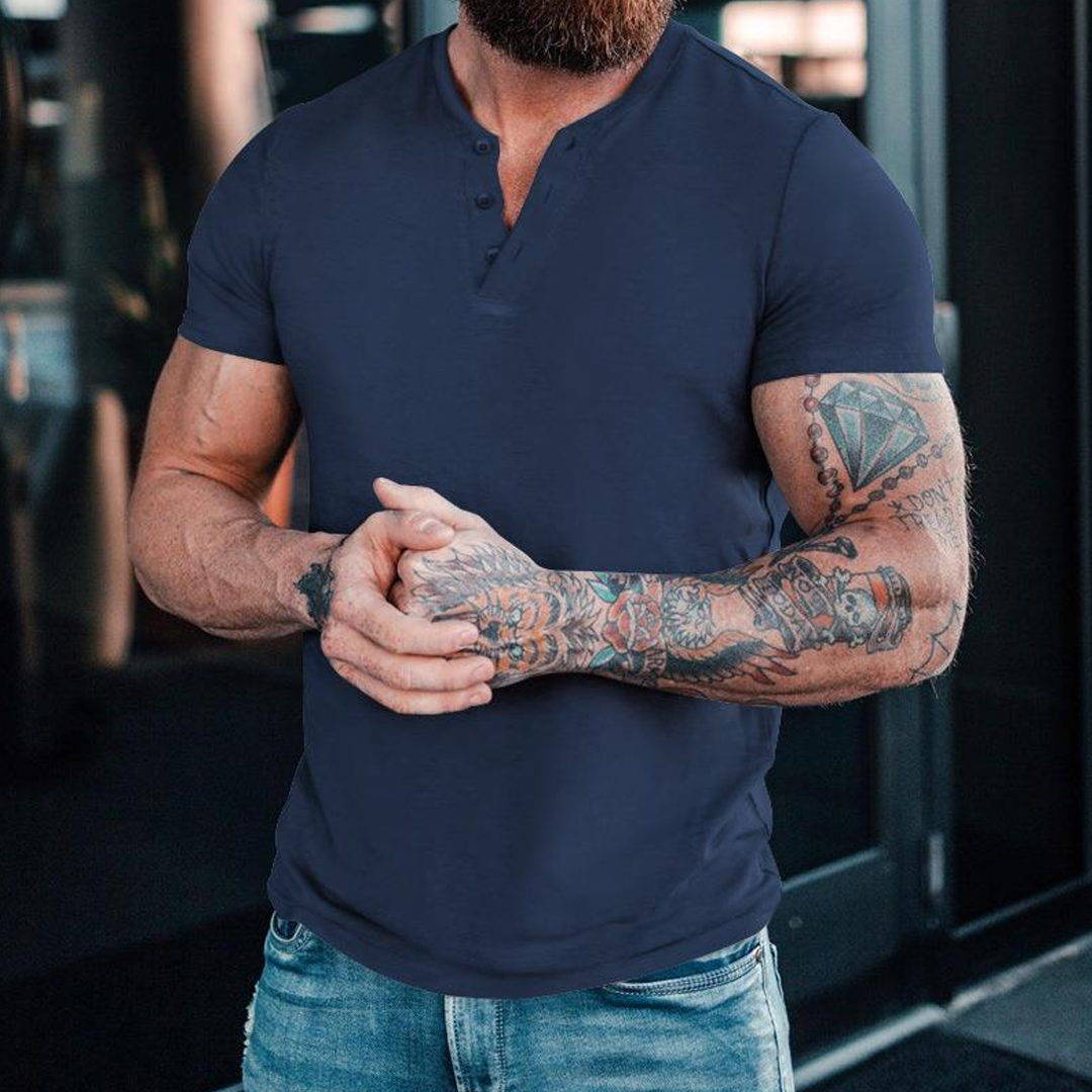 Summer Casual Solid Color Short Sleeve Round Neck Pullover Button Henl