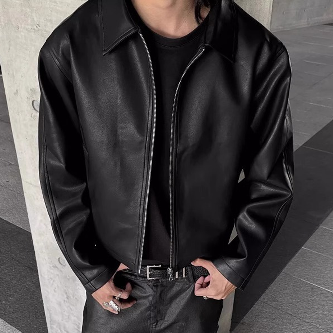 Men's Black Short PU Lapel Leather Jacket With Red Inner Texture