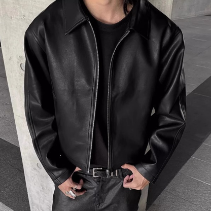 Men's Black Short PU Lapel Leather Jacket With Red Inner Texture