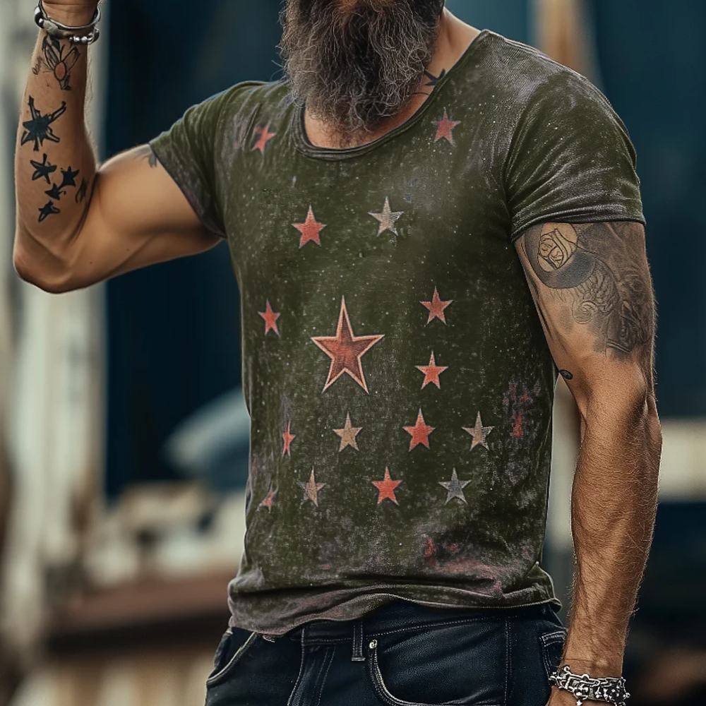 Men's Retro Casual Star Universe Printed Round Neck Short Sleeve T-Shirt