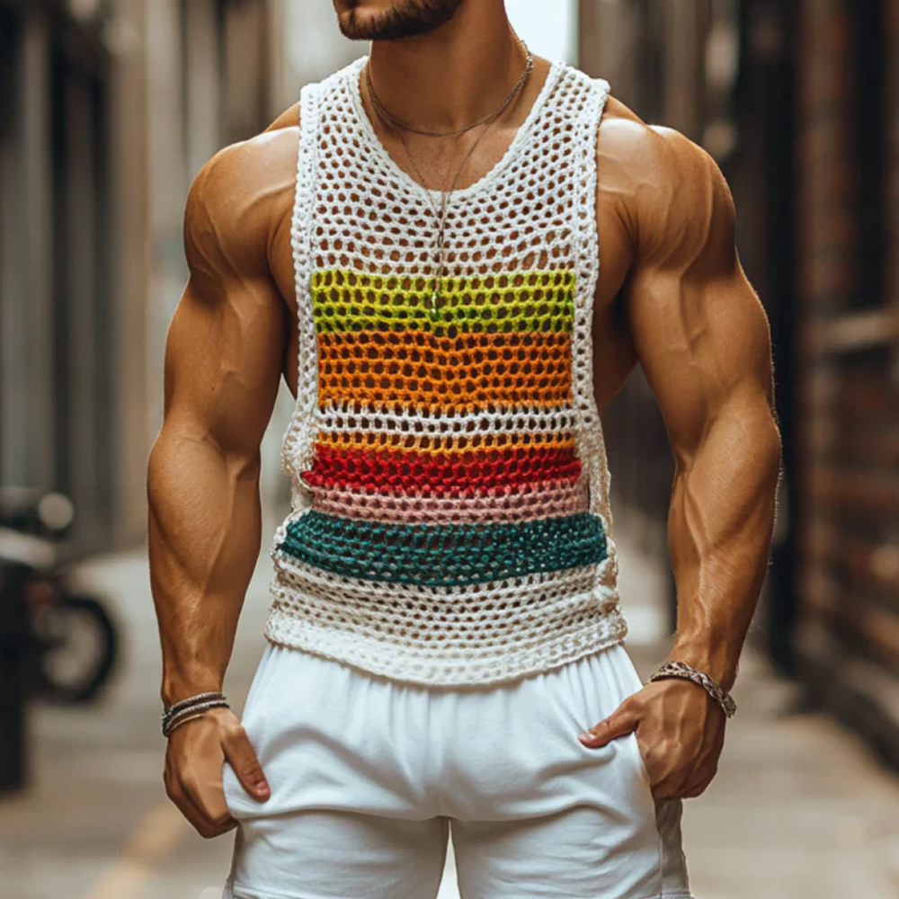 Men's Casual Round Neck Color Striped Crochet Tank Top
