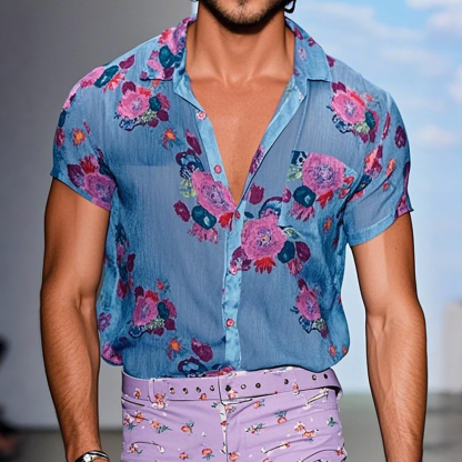 Men's Vintage Casual Linen Print Floral Lapel Short Sleeve Shirt