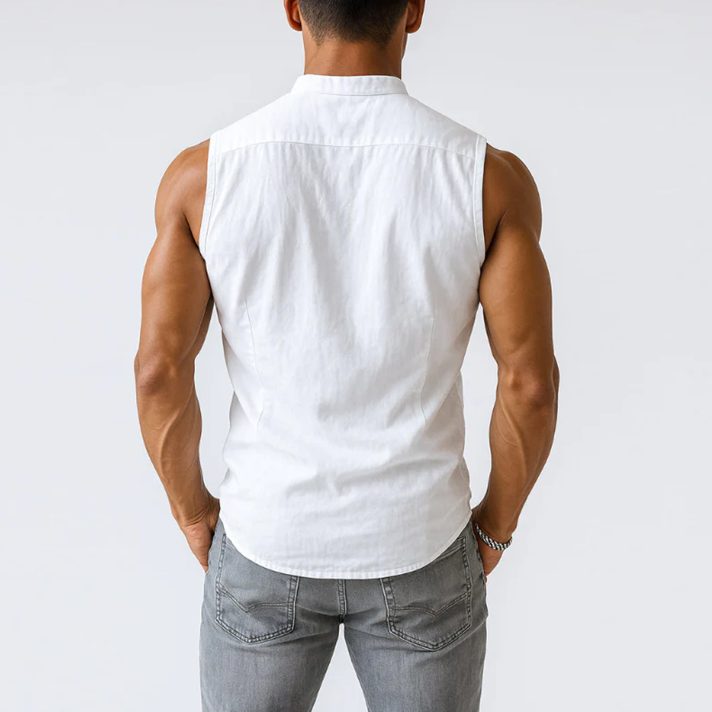 Men's Casual Comfort Cotton Stand Collar Single Breasted Sleeveless Shirt