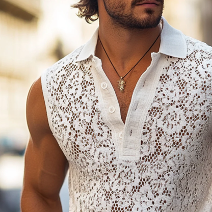 Men's Fashion Lace Lapel Sleeveless Casual Tank Top