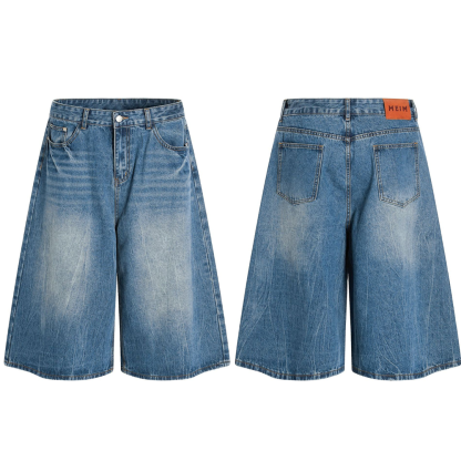 American Retro Neutral Washed Retro Blue High-End Men's Loose Seven-Point Denim Shorts