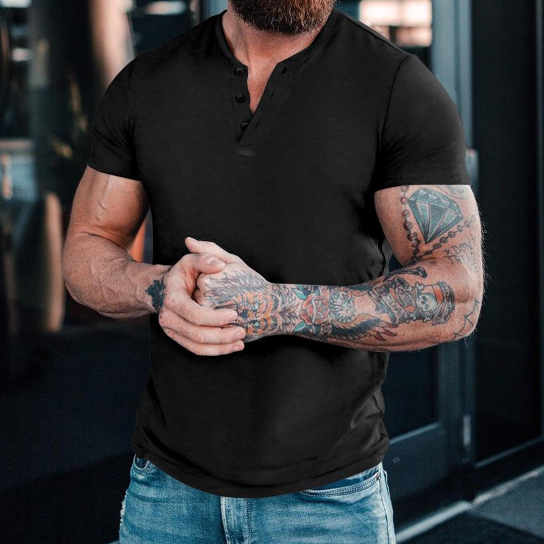 Summer Casual Solid Color Short Sleeve Round Neck Pullover Button Henl