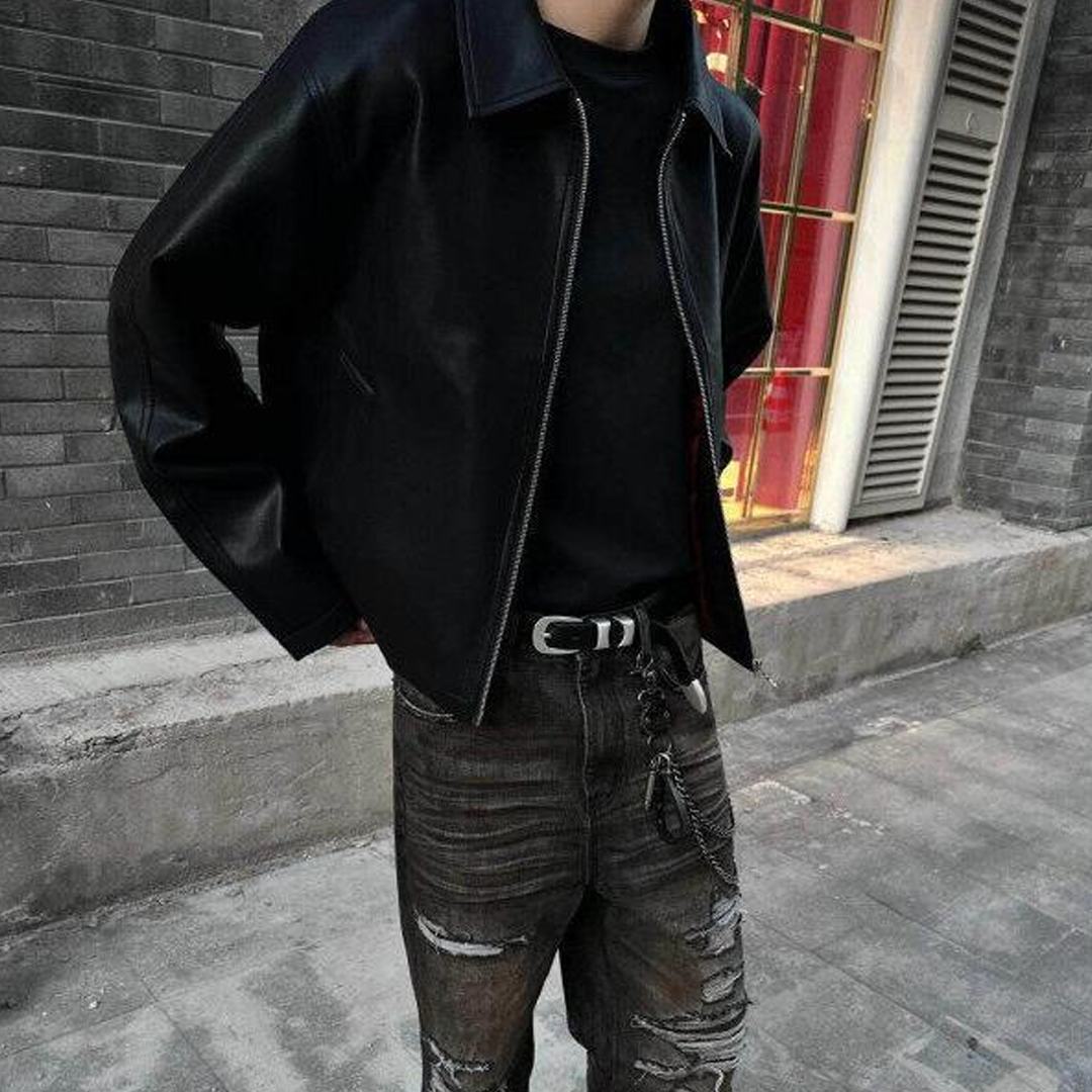 Men's Black Short PU Lapel Leather Jacket With Red Inner Texture