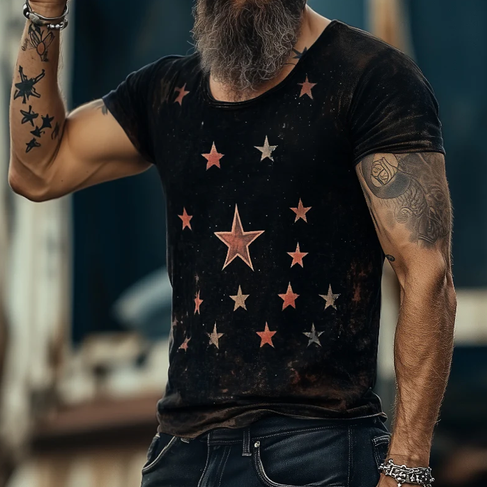 Men's Retro Casual Star Universe Printed Round Neck Short Sleeve T-Shirt