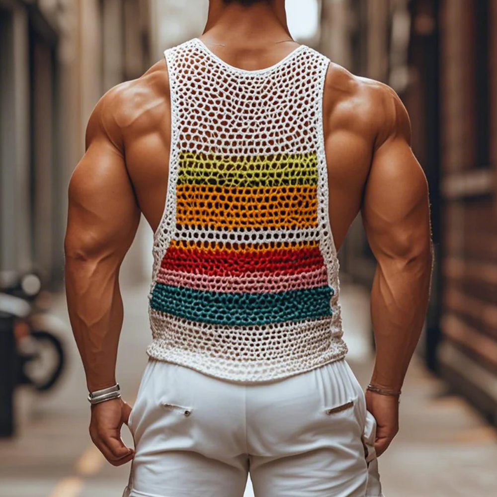 Men's Casual Round Neck Color Striped Crochet Tank Top