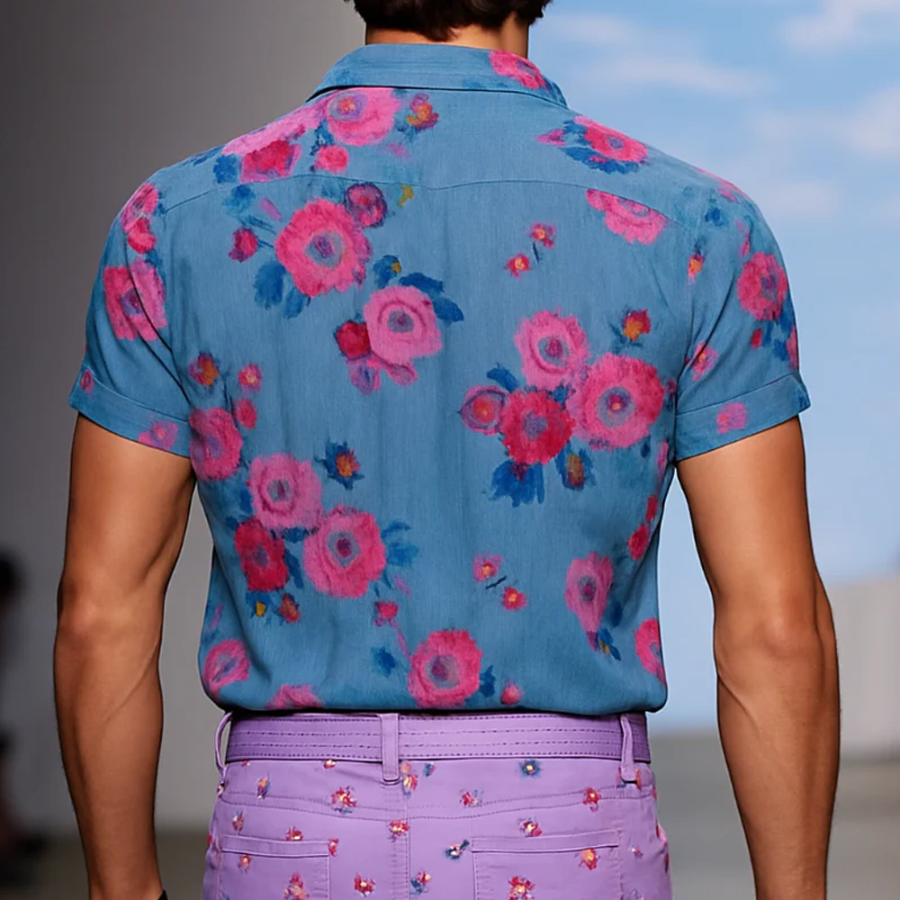 Men's Vintage Casual Linen Print Floral Lapel Short Sleeve Shirt