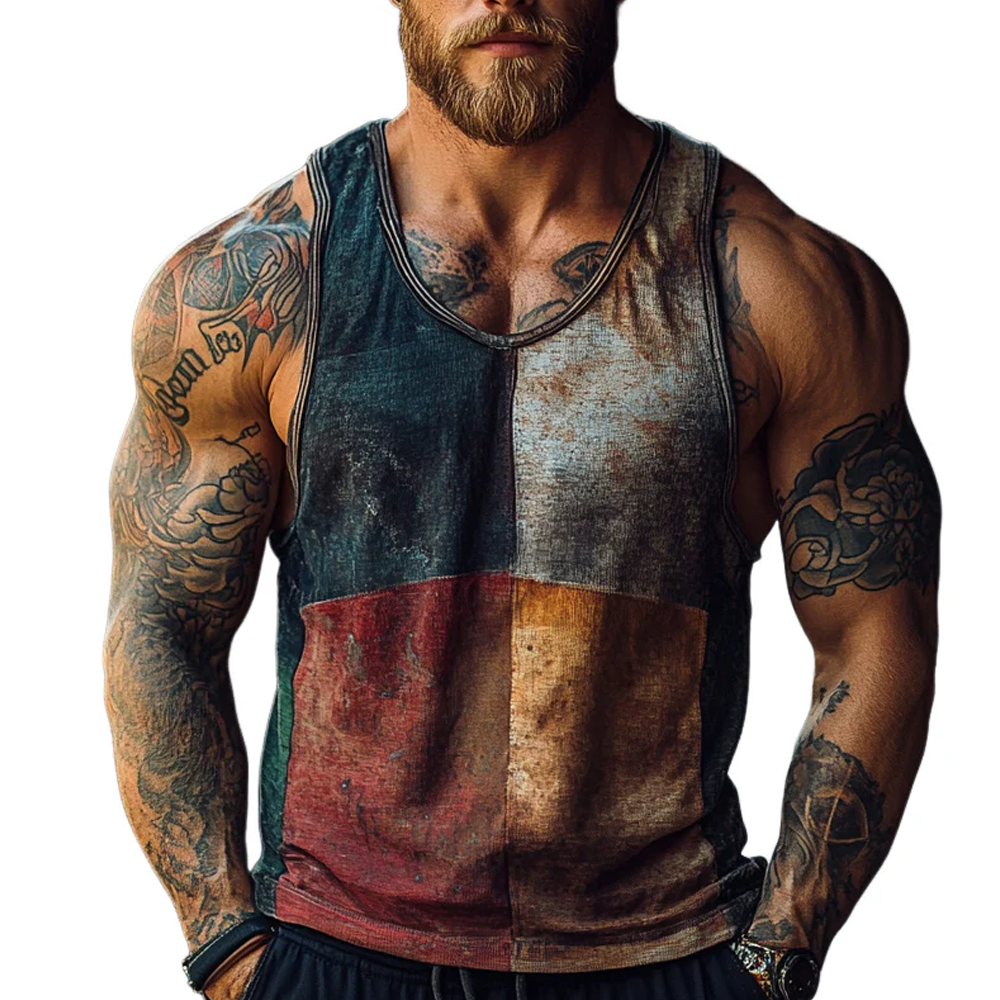 Men's Vintage Color Block Print Crew Neck Vest Top