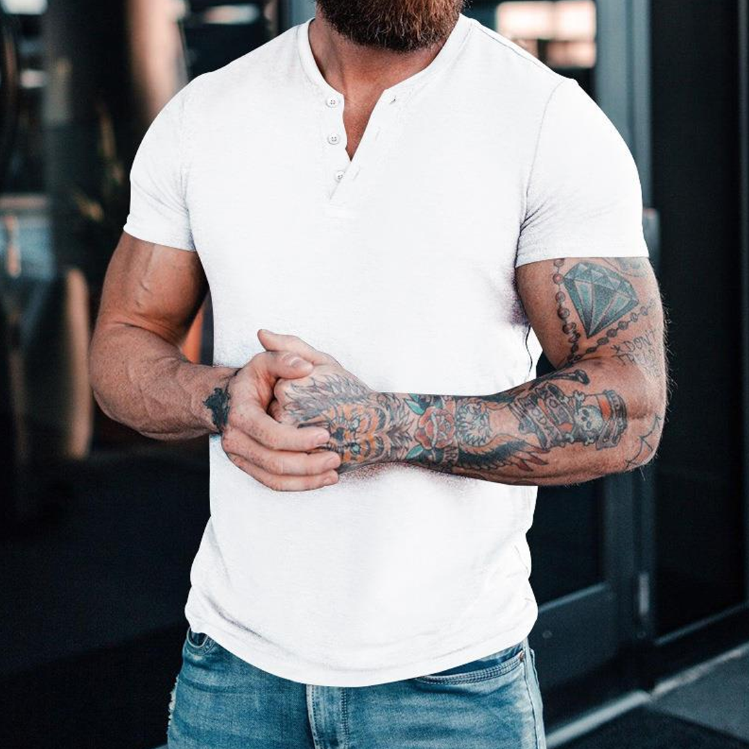 Summer Casual Solid Color Short Sleeve Round Neck Pullover Button Henl