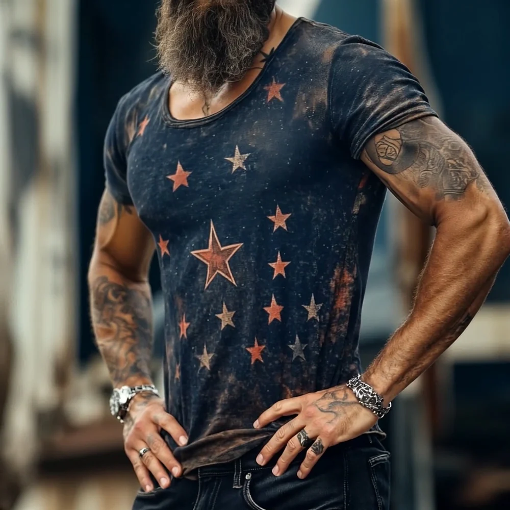 Men's Retro Casual Star Universe Printed Round Neck Short Sleeve T-Shirt