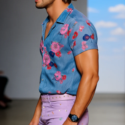 Men's Vintage Casual Linen Print Floral Lapel Short Sleeve Shirt