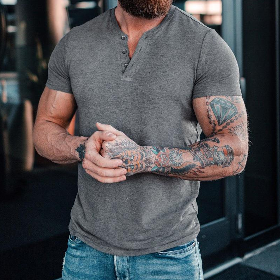 Summer Casual Solid Color Short Sleeve Round Neck Pullover Button Henl