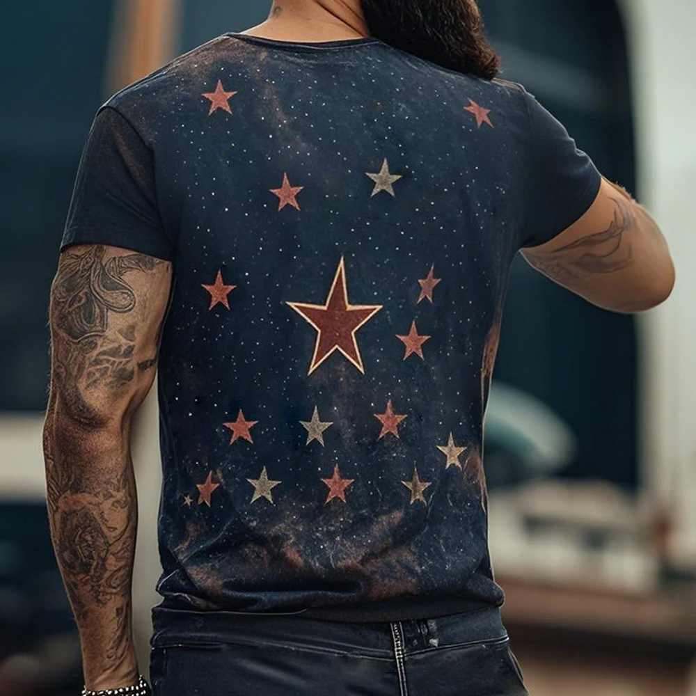 Men's Retro Casual Star Universe Printed Round Neck Short Sleeve T-Shirt