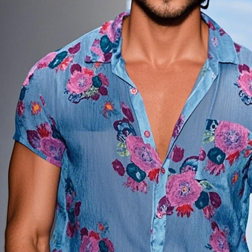 Men's Vintage Casual Linen Print Floral Lapel Short Sleeve Shirt