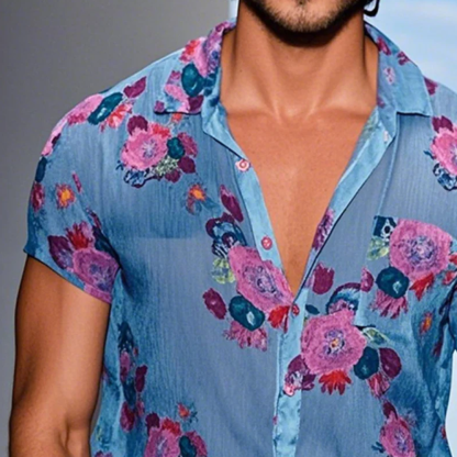 Men's Vintage Casual Linen Print Floral Lapel Short Sleeve Shirt