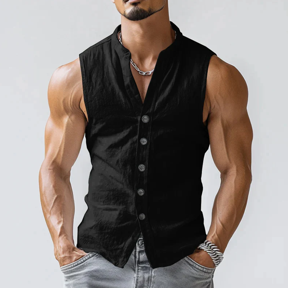 Men's Casual Comfort Cotton Stand Collar Single Breasted Sleeveless Shirt