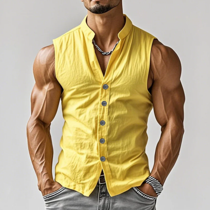 Men's Casual Comfort Cotton Stand Collar Single Breasted Sleeveless Shirt