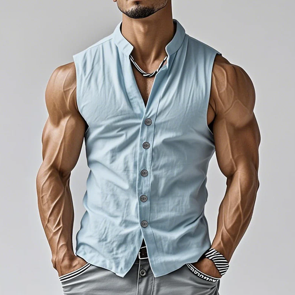 Men's Casual Comfort Cotton Stand Collar Single Breasted Sleeveless Sh