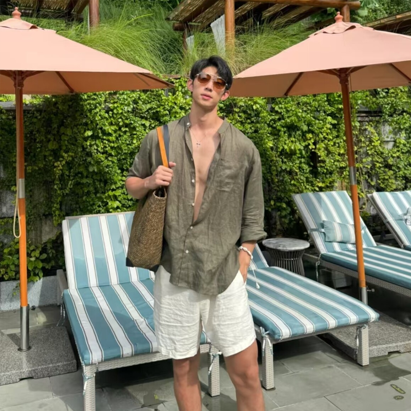 Stand Collar Men's Summer Lazy Relaxation Casual Vacation Sun Protection Cotton Linen Shirt