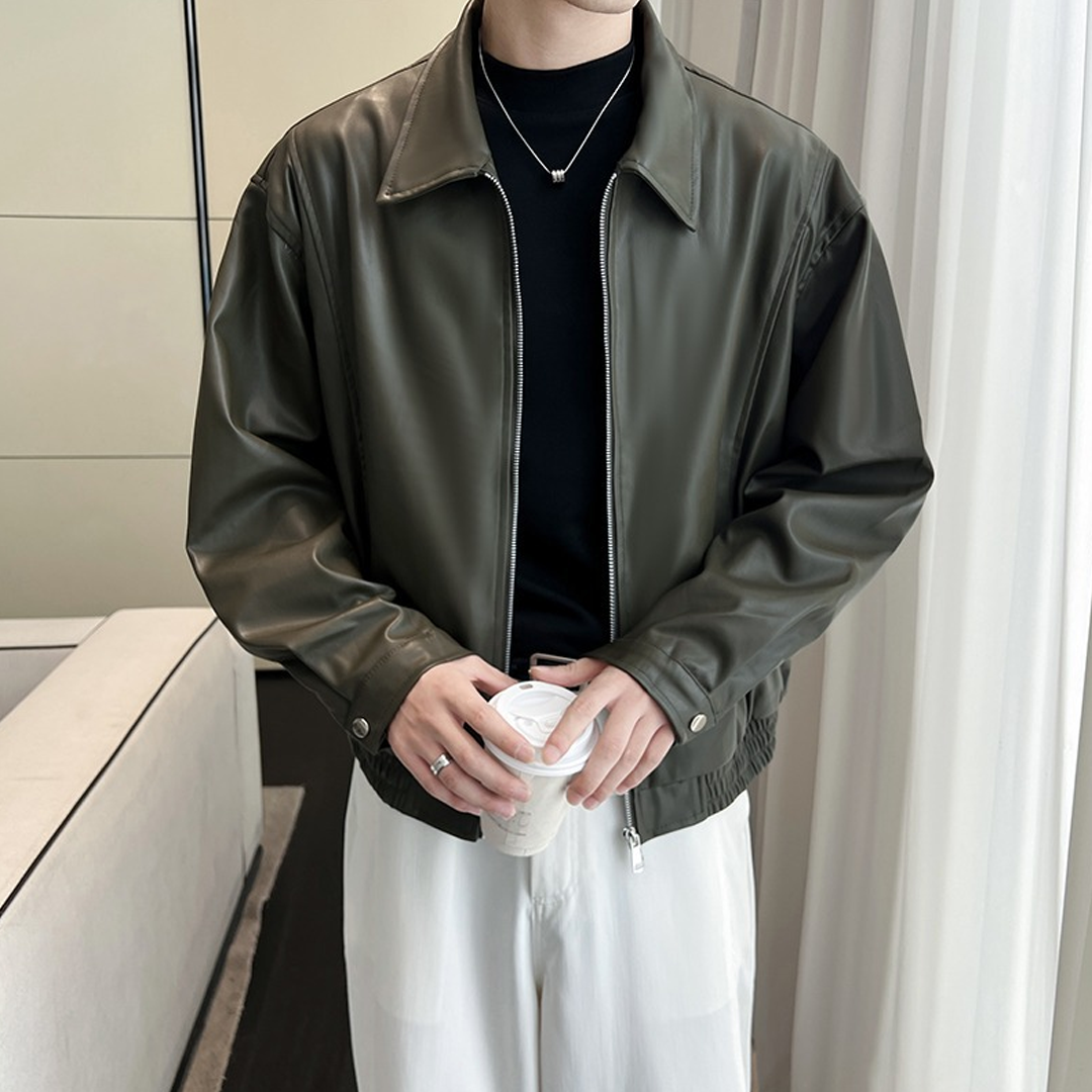 Men's Simple Loose Lapel PU Leather Jacket