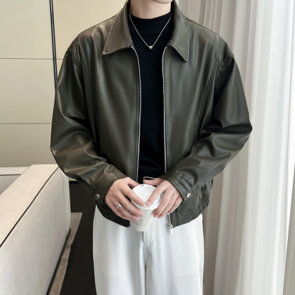 Men's Simple Loose Lapel PU Leather Jacket