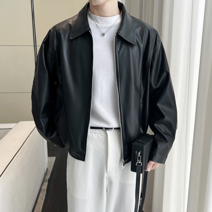 Men's Simple Loose Lapel PU Leather Jacket