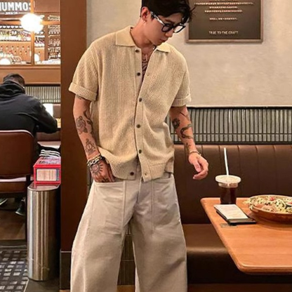 Retro Knitted Short-Sleeved Shirt High-End Half-Sleeved Shirt