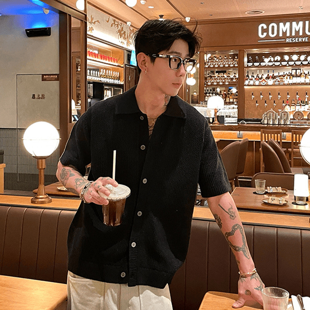 Retro Knitted Short-Sleeved Shirt High-End Half-Sleeved Shirt