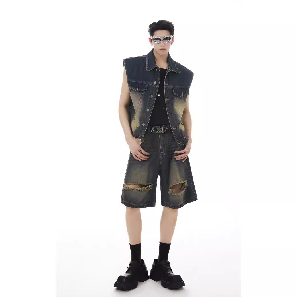 Men's Retro Suit Washed Ripped Short Denim Vest Sleeveless Waistcoat