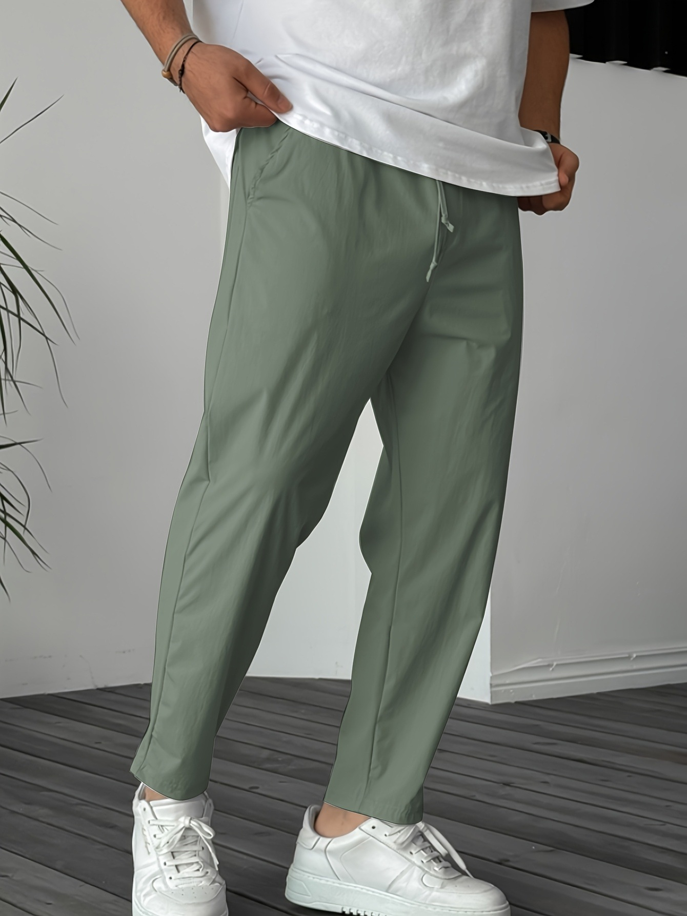 Men's Solid Pants With Pockets Casual Drawstring Trousers