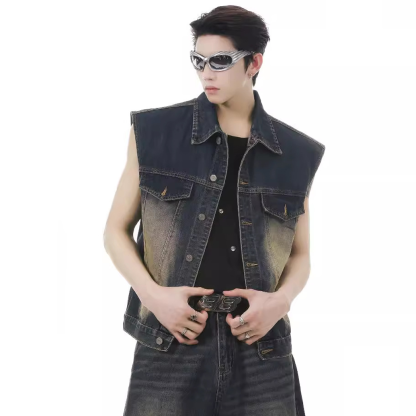 Men's Retro Suit Washed Ripped Short Denim Vest Sleeveless Waistcoat